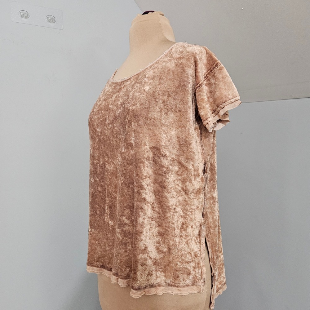 Free People‎ FP Beach Mauve Tan Crushed Velvet Short Sleeve Boxy Tee Shirt M Top - Picture 4 of 11